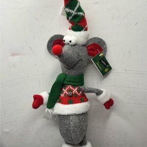 Festive Gray Mouse Plush with Red Accents